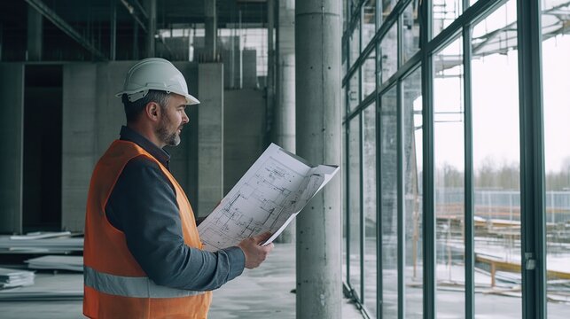 Construction worker reviewing blueprints on site.