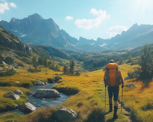 Obraz premium Backpacking adventure through rugged terrain, wide shot of mountains and valleys, sharp focus, vibrant colors