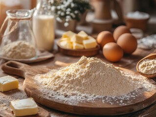 Baking ingredients including flour, eggs, and butter on a countertop, cozy kitchen, sharp focus, soft lighting