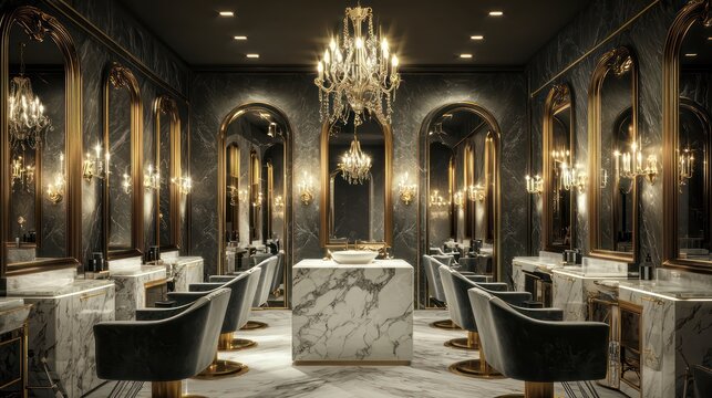 A sophisticated salon space with marble stations, velvet seating, and gold-framed mirrors Elegant chandeliers provide soft lighting for a luxurious pampering experience
