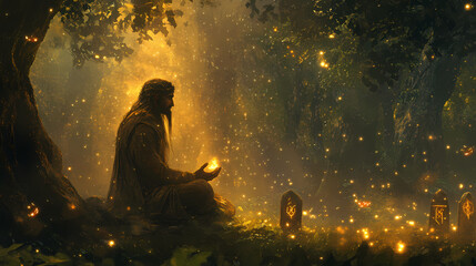 Whispers of the enchanted grove: serene druid meditating among glowing fireflies and ancient runes in mystical forest. Druid Grove. Illustration