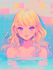 A cute girl with blonde hair and purple eyes is smiling joyfully while playing in the pool, surrounded by soft pastel colors of blue and pink, creating a dreamy and playful atmosphere.
