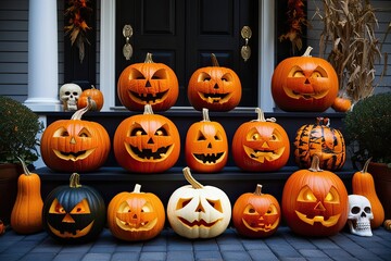 Obraz premium Halloween Pumpkin Carving Ideas Whimsical Squash and Festive Jack-o-Lanterns for Autumn Celebrations