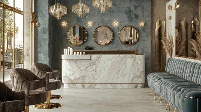 A sophisticated salon with a marble reception desk, gold-framed mirrors, and velvet waiting area seating The luxurious decor creates an upscale beauty experience