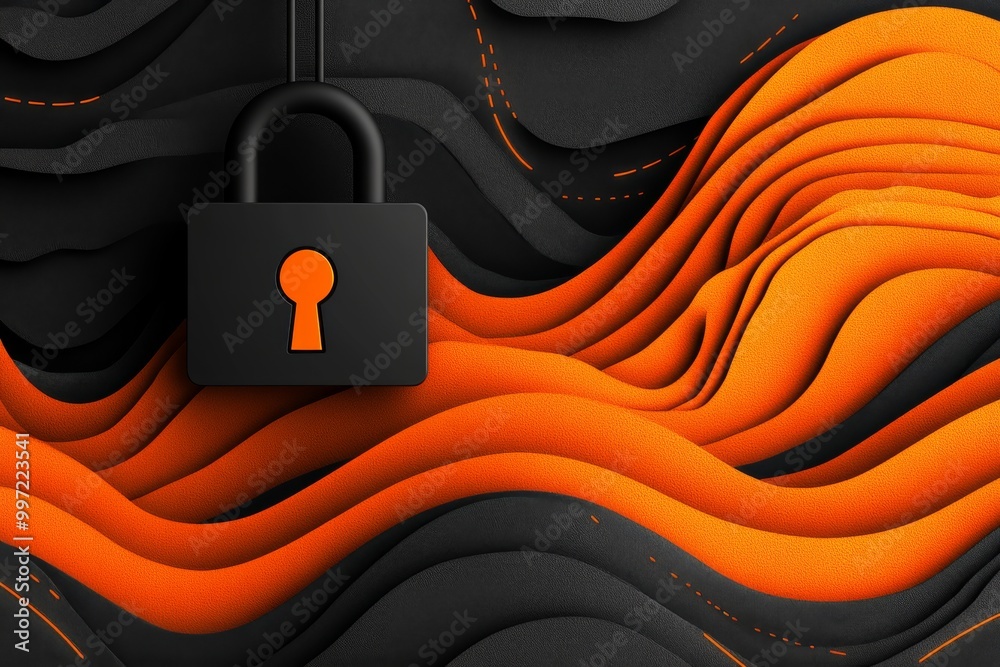 Wall mural black padlock over wavy orange lines symbolizing encryption data protection and online security in a