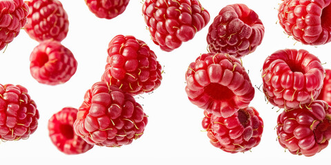 Whole ripe raw raspberries flying in the air, close-up isolated on white background