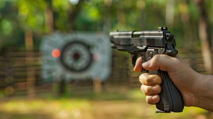 Close-up of hands holding firearm aimed at a target during outdoor shooting practice for sports or training activities, focusing on skill development and accuracy