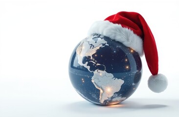 Globe with Santa Claus hat, Christmas and New Year concept, copy space