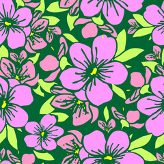 seamless pattern of pink silhouettes of flowers on a green background, texture, design