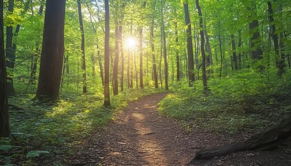 Fototapeta premium Forest trail with dense trees and sunlight filtering through the leaves, natural setting, bright lighting, sharp focus