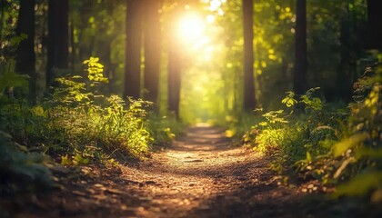 Obraz premium Forest trail with dense trees and sunlight filtering through the leaves, natural setting, bright lighting, sharp focus