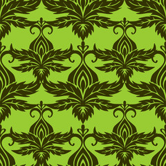 seamless symmetrical pattern of abstract green plant elements on olive background, texture, design