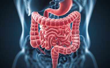 3D illustration of the human digestive system, highlighting the intestines.