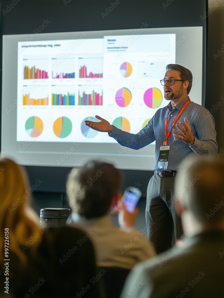 Poster an expert confidently delivers a presentation at a conference, showcasing colorful charts and graphs