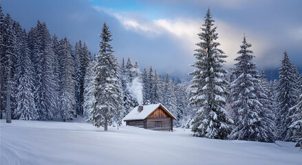 Cabin in the mountains with snow and trees