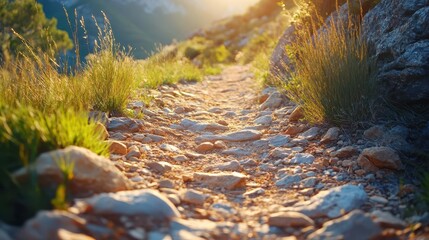 Naklejka premium Mountain hiking trail with rugged terrain and scenic views, adventurous atmosphere, sharp focus, bright lighting