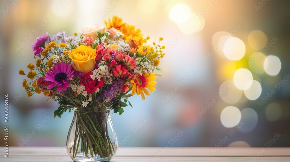 Poster a colorful bouquet of assorted flowers in a glass vase sits elegantly on a light wood table, creatin