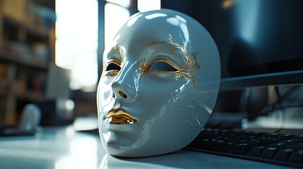 Elegant white mask with golden accents on a desk.