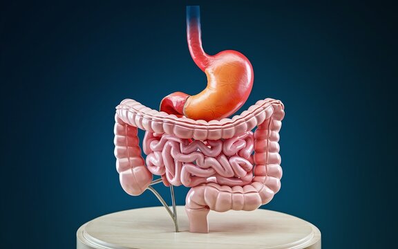 Anatomical model of the human digestive system, including the stomach, small intestine, large intestine, and esophagus.