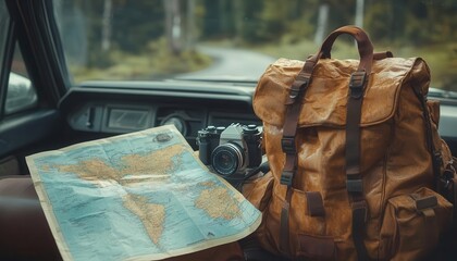 Road trip essentials including a map, camera, and backpack in a car, adventurous style, sharp focus, bright lighting