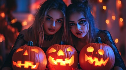 Girls Celebrating Halloween with Pumpkins and Costumes