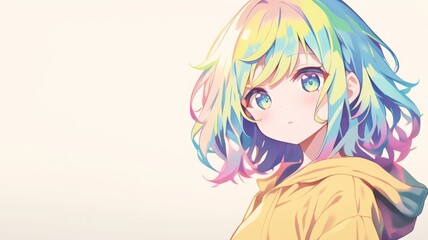 A cute pastel rainbow-haired girl against a clean white background, dressed in a colorful outfit  with ample copy space.