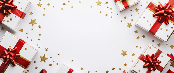 Obraz premium Christmas and New Year holiday background. Xmas greeting card. Christmas gifts on white background