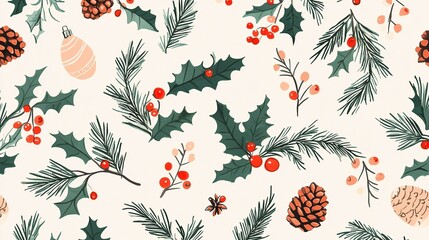 Obraz premium Festive pattern with holly, pine, and ornaments.