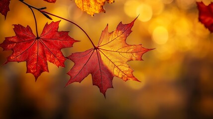 Obraz premium Vibrant maple leaves in shades of red and gold create a stunning display during autumn, illuminated by soft, warm light in the background