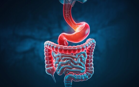 3D rendering of the human digestive system, including the stomach, small intestine, and large intestine, against a blue background.
