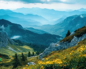 Fototapeta premium Travel photography capturing a scenic mountain landscape, adventurous style, sharp focus, vibrant colors