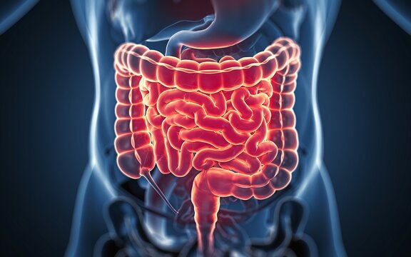 3D illustration of the human digestive system with the intestines highlighted in red.