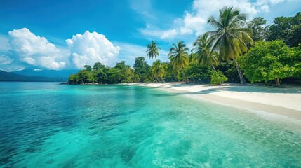 Tropical island with white sandy beaches, clear blue waters, and lush palm trees, vibrant colors, wide shot
