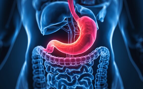 3D illustration of human digestive system with highlighted stomach.