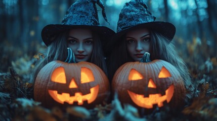 Girls Celebrating Halloween with Pumpkins and Costumes
