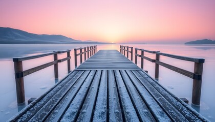  A perfectly symmetrical view of a wooden jetty extending over a frozen lake, generative ai