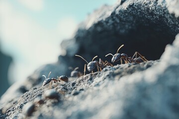 Ants Actively Foraging Near Their Nest on a Rocky Surface Under a Bright Blue Sky During a Sunny Day