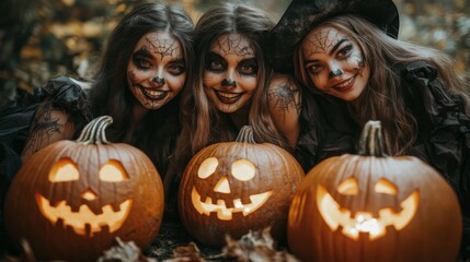 Girls Celebrating Halloween with Pumpkins and Costumes