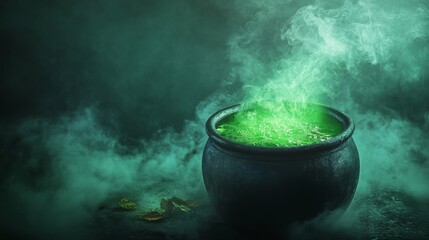 A cauldron with a bubbling green potion emits an enchanting glow, surrounded by swirling mist and darkness, creating an eerie and mysterious setting perfect for a fantasy theme