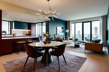 Fototapeta premium Chic Modern Apartment Design Featuring Elegant Dining Space and Spacious Lounge in Rich Colors