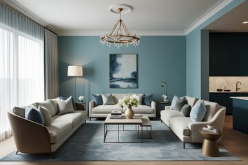 Fototapeta premium Chic Urban Apartment Design Featuring Stylish Lounge and Soothing Pale Blue Walls in Tranquil Living Space