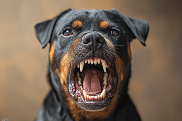 Rottweiler Dog Barks with Sharp Teeth, Close-Up Portrait