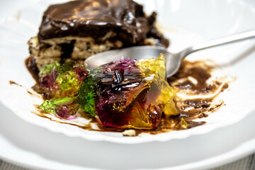 Classic chocolate pavé served with colored gelatin. perfect combination of flavors
