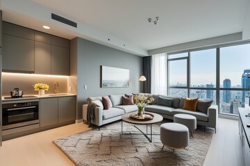 Fototapeta premium Stylish Dream Apartment Design with Cozy Kitchen and Spacious Living Room Light Gray Walls and Stunning City Views