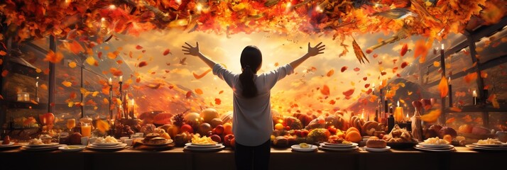 Thanksgiving dinner in a world where the food is made of light each dish glowing softly on the table casting colorful reflections on the faces of the guests