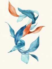 This artistic illustration features abstract floating leaves in intertwined blue and orange tones, conveying a sense of freedom and fluidity against a plain background.