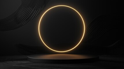 A minimalist black podium with a glowing circular neon ring, set against a dark background with elegant wavy lines