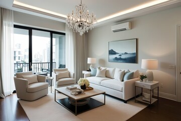 Fototapeta premium Stylish Apartment Design Ideas Featuring Serene Living Room and Soft White Decor