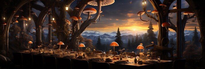 Thanksgiving dinner inside a massive hollowedout tree where the walls are covered in glowing mushrooms casting a soft warm light on the feast below