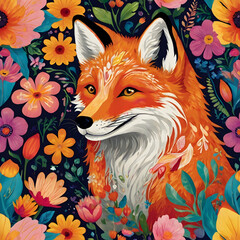 a joyful fox amid a stunning display of whimsical, exotic flowers